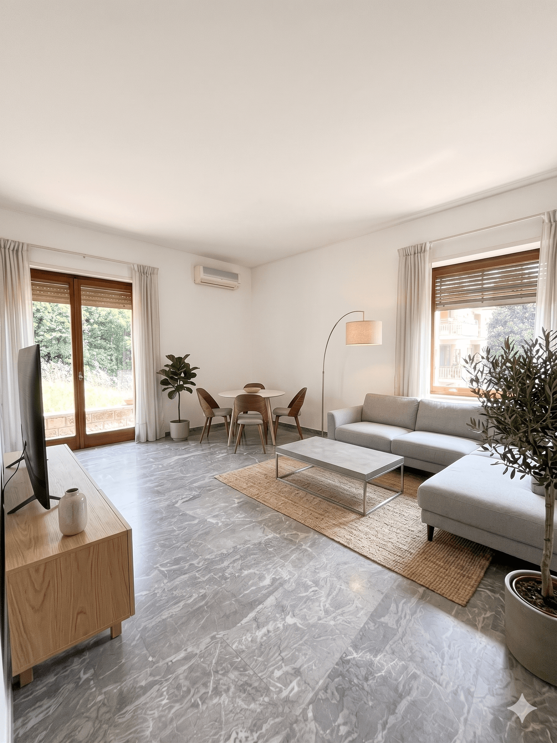 Soggiorno riarredato in stile scandinavo con virtual staging AI